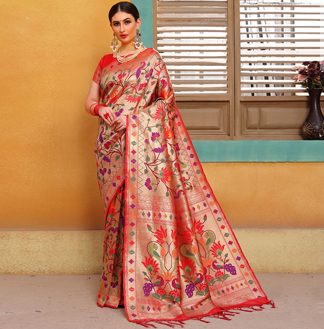 Red Designer Pure Silk Zari Weaving Paithani Saree