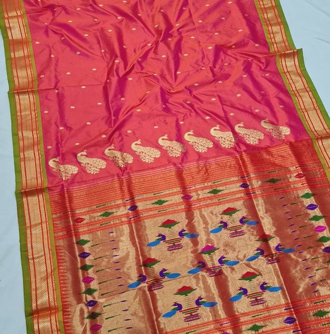 Double Pallu Pure Silk Handloom Paithani (Salmon)- Abhimani Paithani