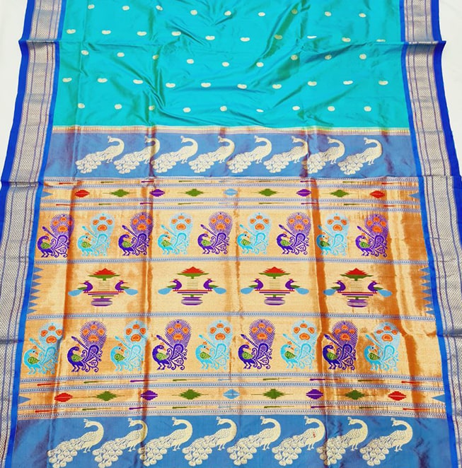Double Pallu Pure Silk Handloom Paithani (Dark Turquoise)- Abhimani Paithani