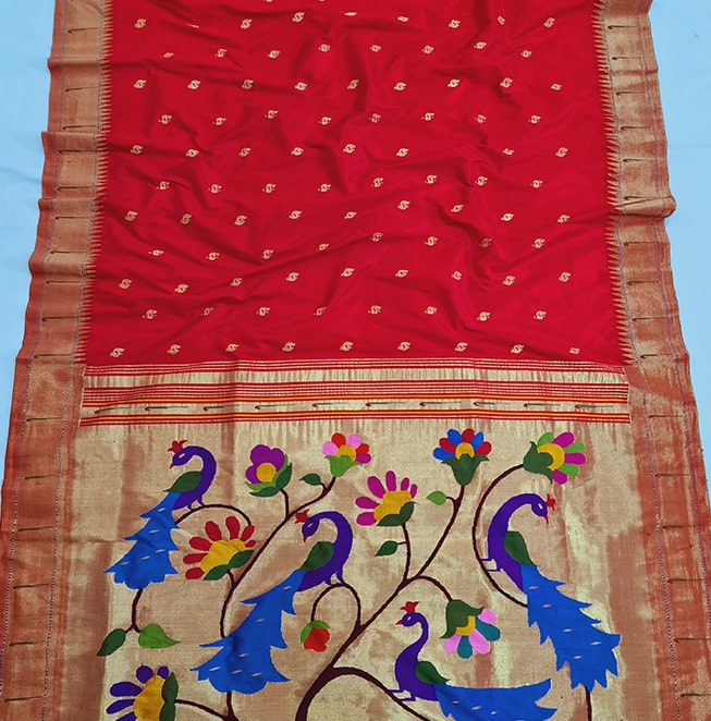 Single Muniya Border Fancy Pallu (Crimson)- Abhimani Paithani