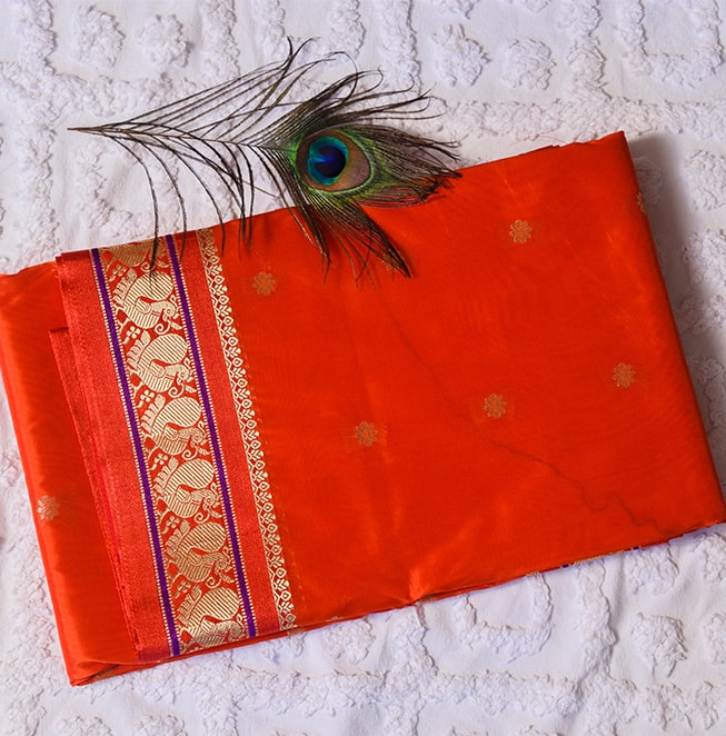 Gadwal Semi Paithani ( Orange Red)- Abhimani Paithani