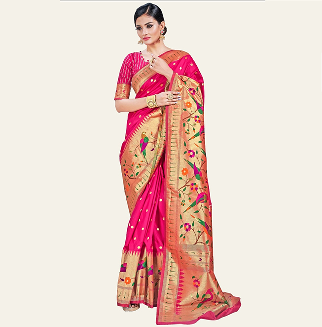 Designer half allover saree brocket contrast blouse piece semi silk (Cardinal)- Abhimani Paithani