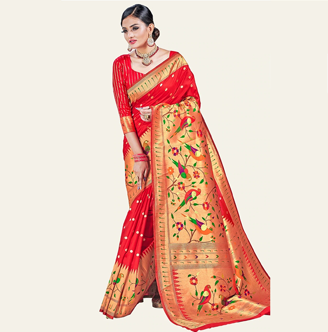 Designer half allover saree brocket contrast blouse piece semi silk- Abhimani Paithani