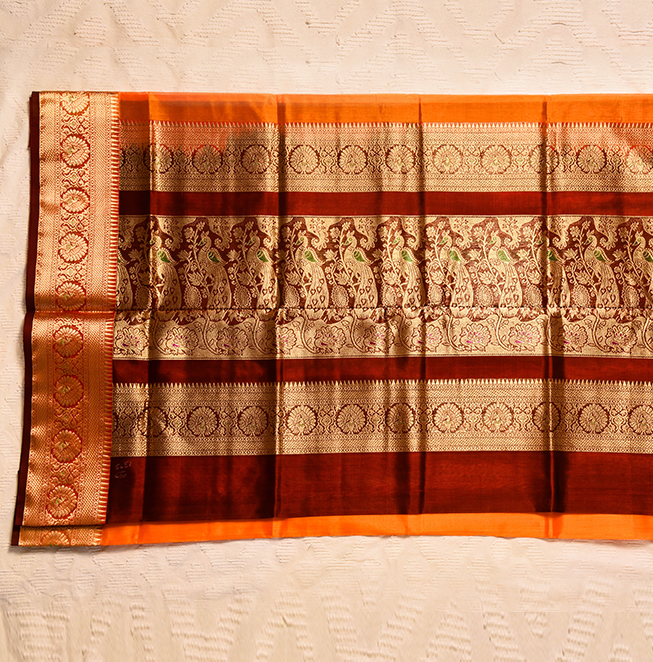 Pure Silk Zari Border Saree (Orange)- Abhimani Paithani