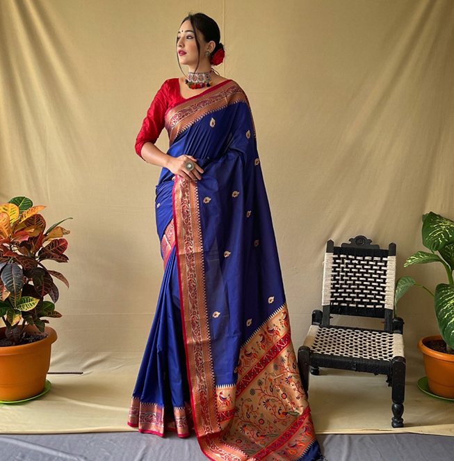 Buy Mimosa Royal Blue Zari Work Paithani Saree With Blouse for Women Online  @ Tata CLiQ