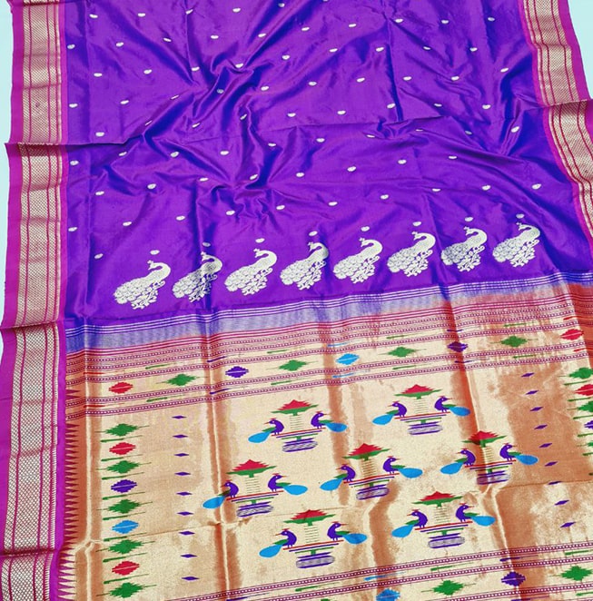 Double Pallu Pure Silk Handloom Paithani (Blue Violet)- Abhimani Paithani