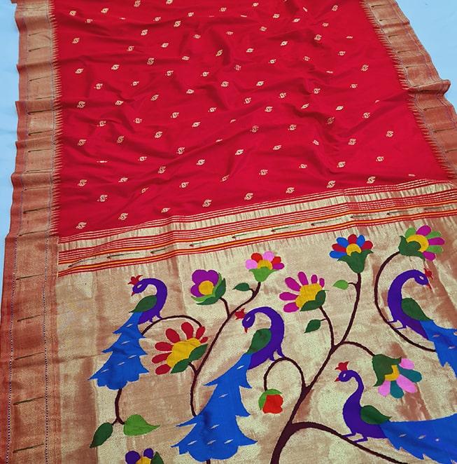 Single Muniya Border Fancy Pallu (Crimson)- Abhimani Paithani