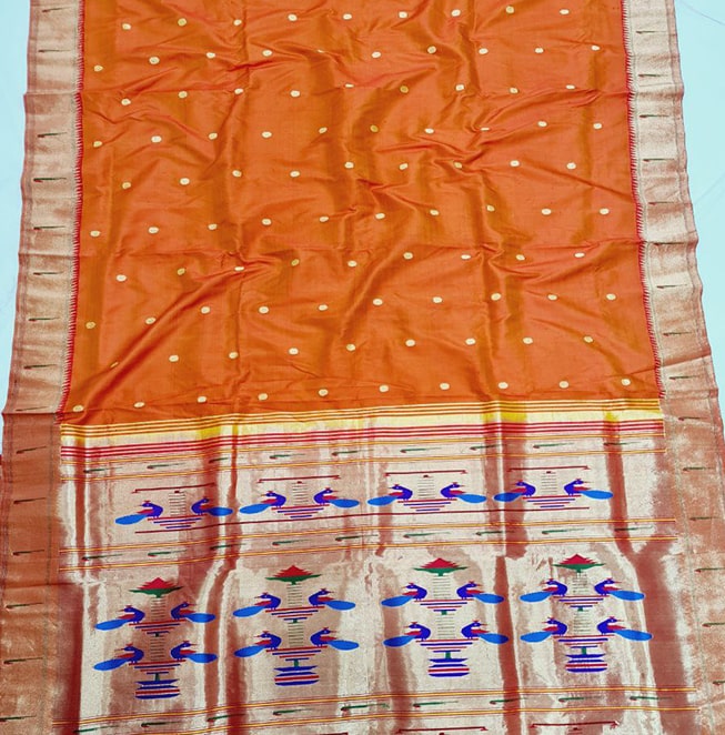 Single Muniya Border Fancy Pallu (Dark Orange)- Abhimani Paithani